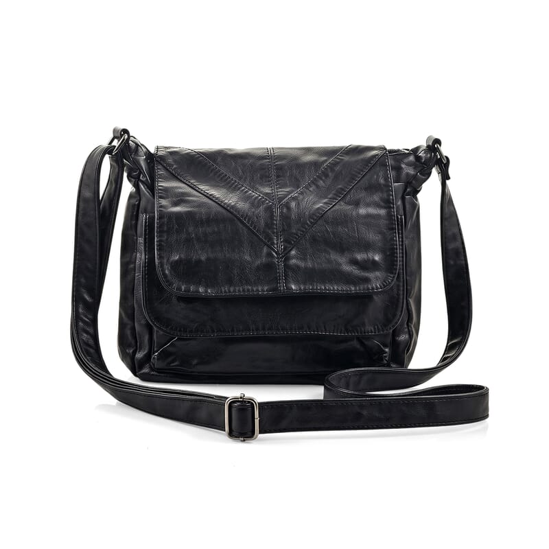 Black Faux Leather V Pattern Satchel Bag