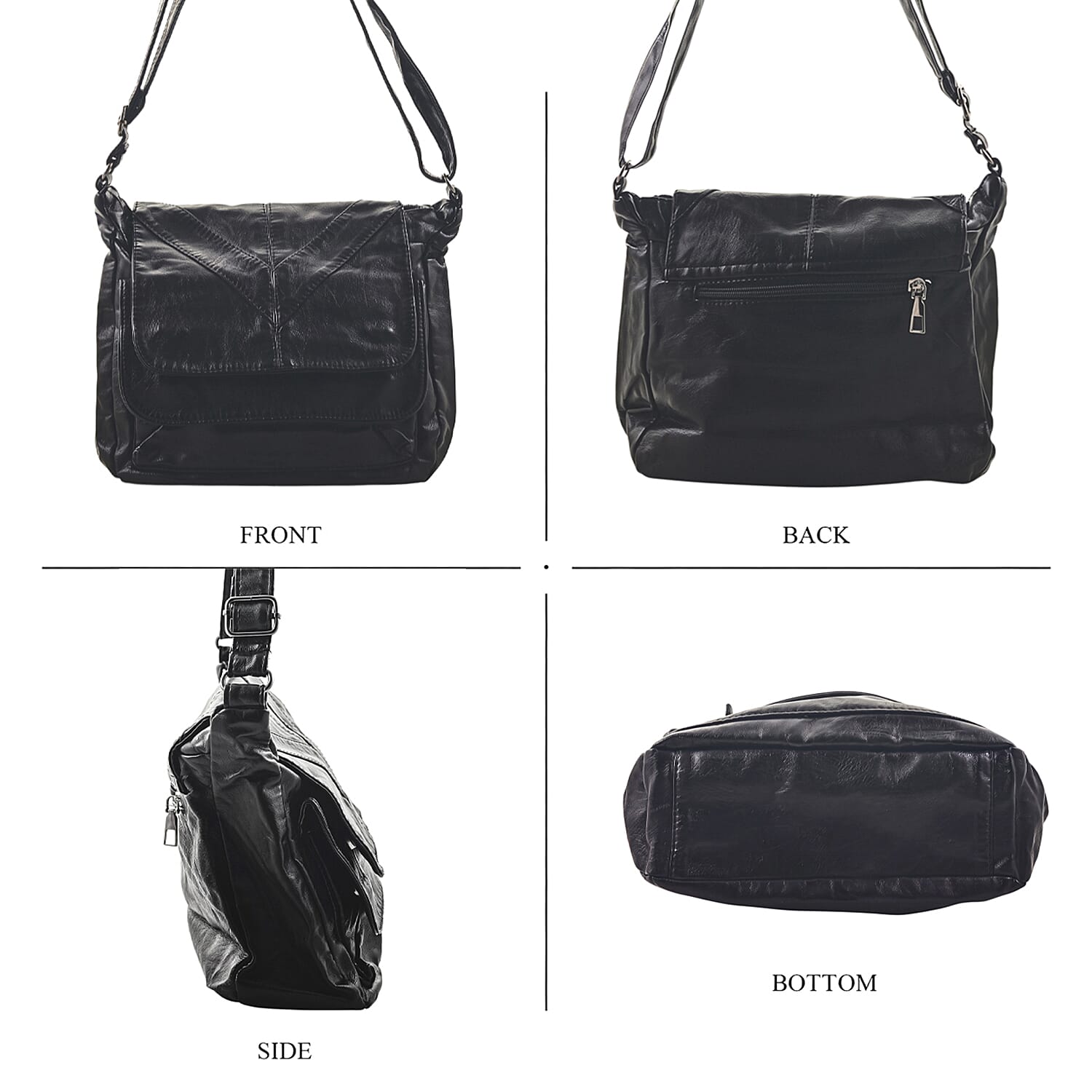 Black Faux Leather V Pattern Satchel Bag