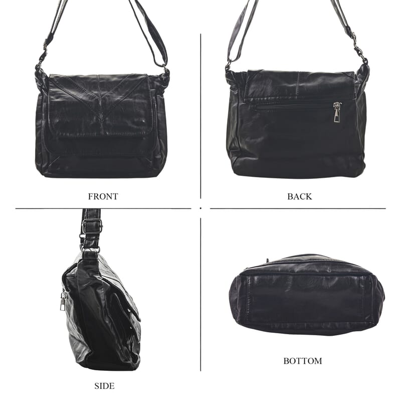 Black Faux Leather V Pattern Satchel Bag