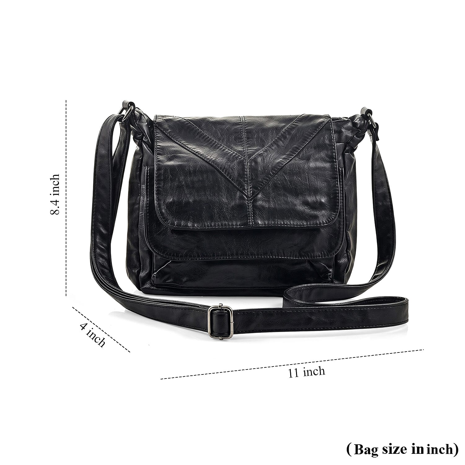 Black Faux Leather V Pattern Satchel Bag