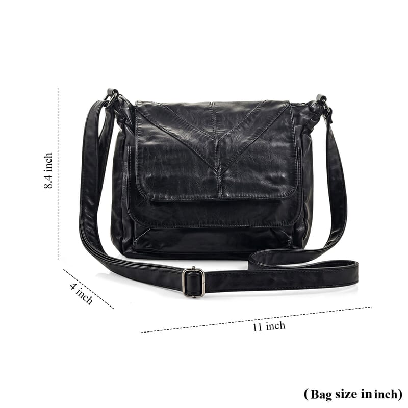 Black Faux Leather V Pattern Satchel Bag