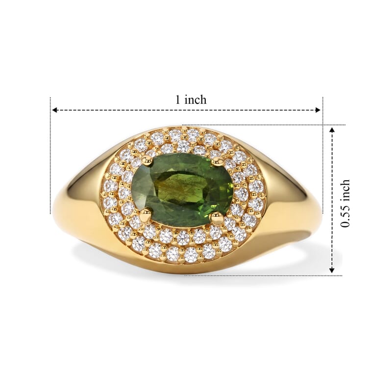 D'Joy Premium Sapucaia Green Sapphire and Moissanite 1.85 ctw Men's Cluster Halo Ring in 18K Vermeil Yellow Gold Over Sterling Silver (Size 10.0)
