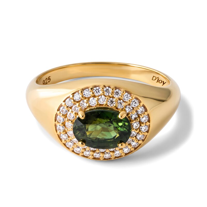D'Joy Premium Sapucaia Green Sapphire and Moissanite 1.85 ctw Men's Cluster Halo Ring in 18K Vermeil Yellow Gold Over Sterling Silver (Size 9.0)