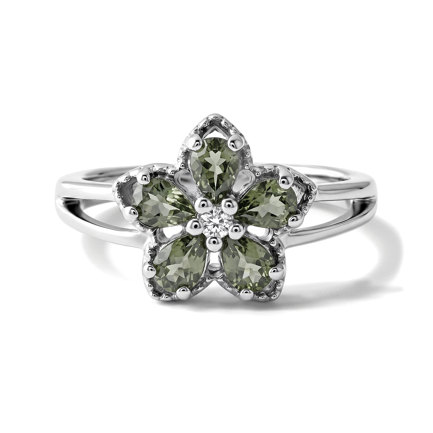 Premium Green Sapphire, Moissanite Ring in Rhodium Over Sterling Silver (Size 5.0) 1.00 ctw