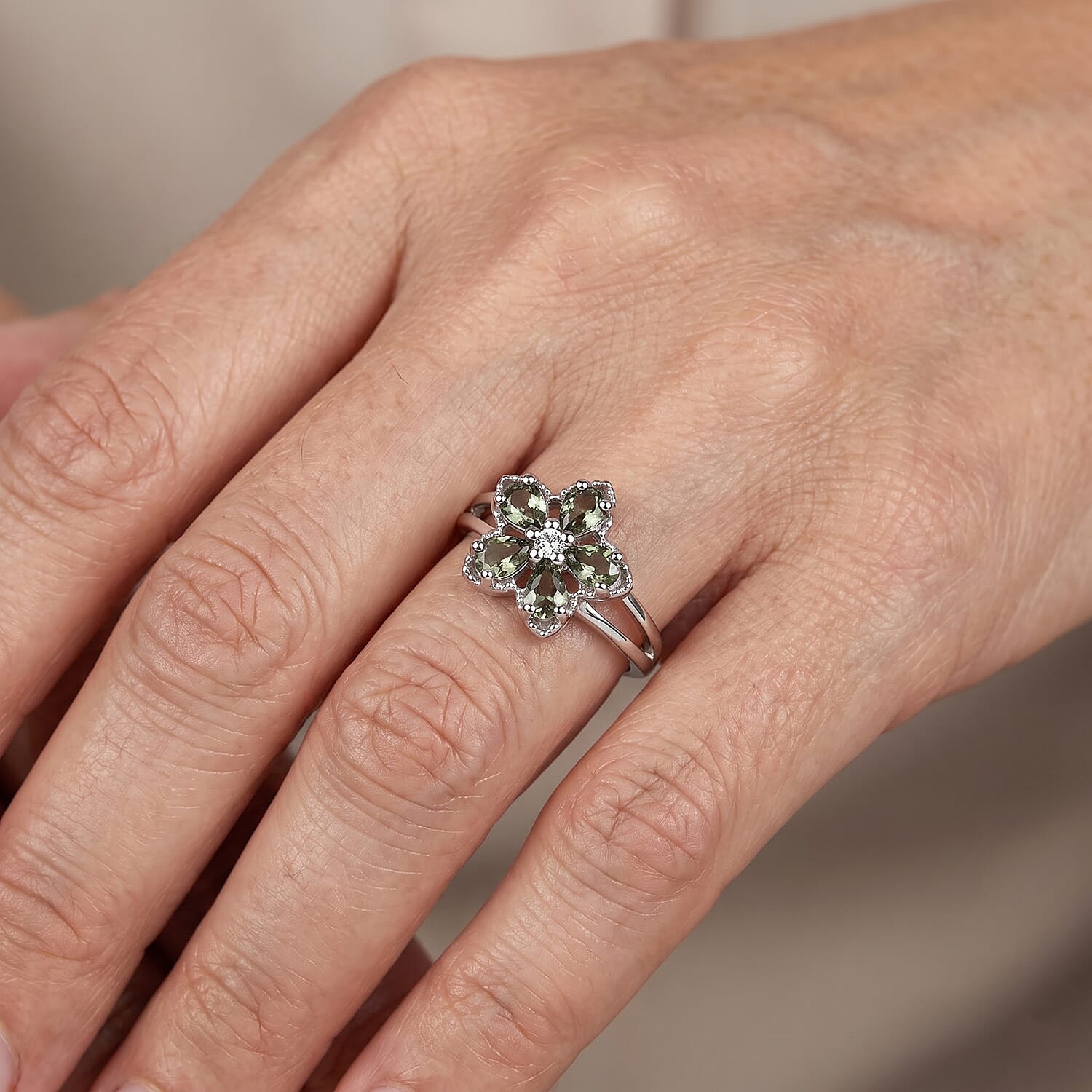 Premium Green Sapphire, Moissanite Ring in Rhodium Over Sterling Silver (Size 5.0) 1.00 ctw