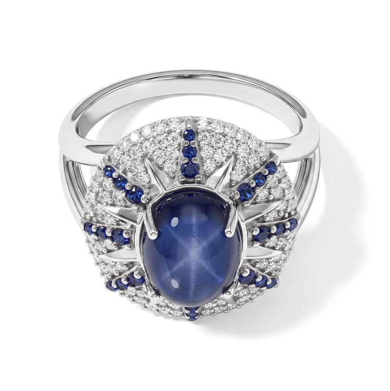 D'Joy Premium Blue Star Sapphire (DF) and Multi Gemstone 5.30 ctw Starburst Ring in Black Rhodium Sterling Silver (Size 5.0)