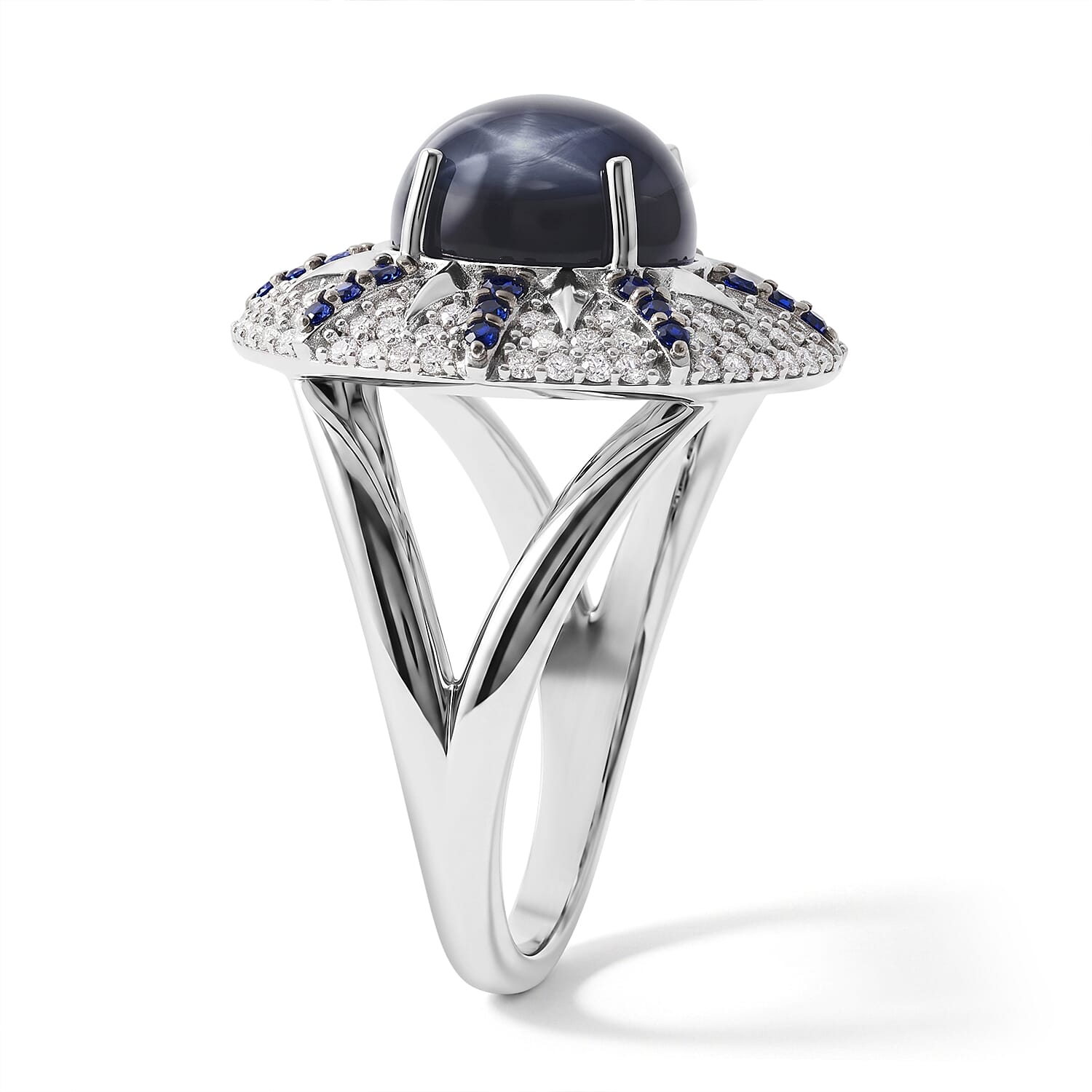 D'Joy Premium Blue Star Sapphire (DF) and Multi Gemstone 5.30 ctw Starburst Ring in Black Rhodium Sterling Silver (Size 5.0)