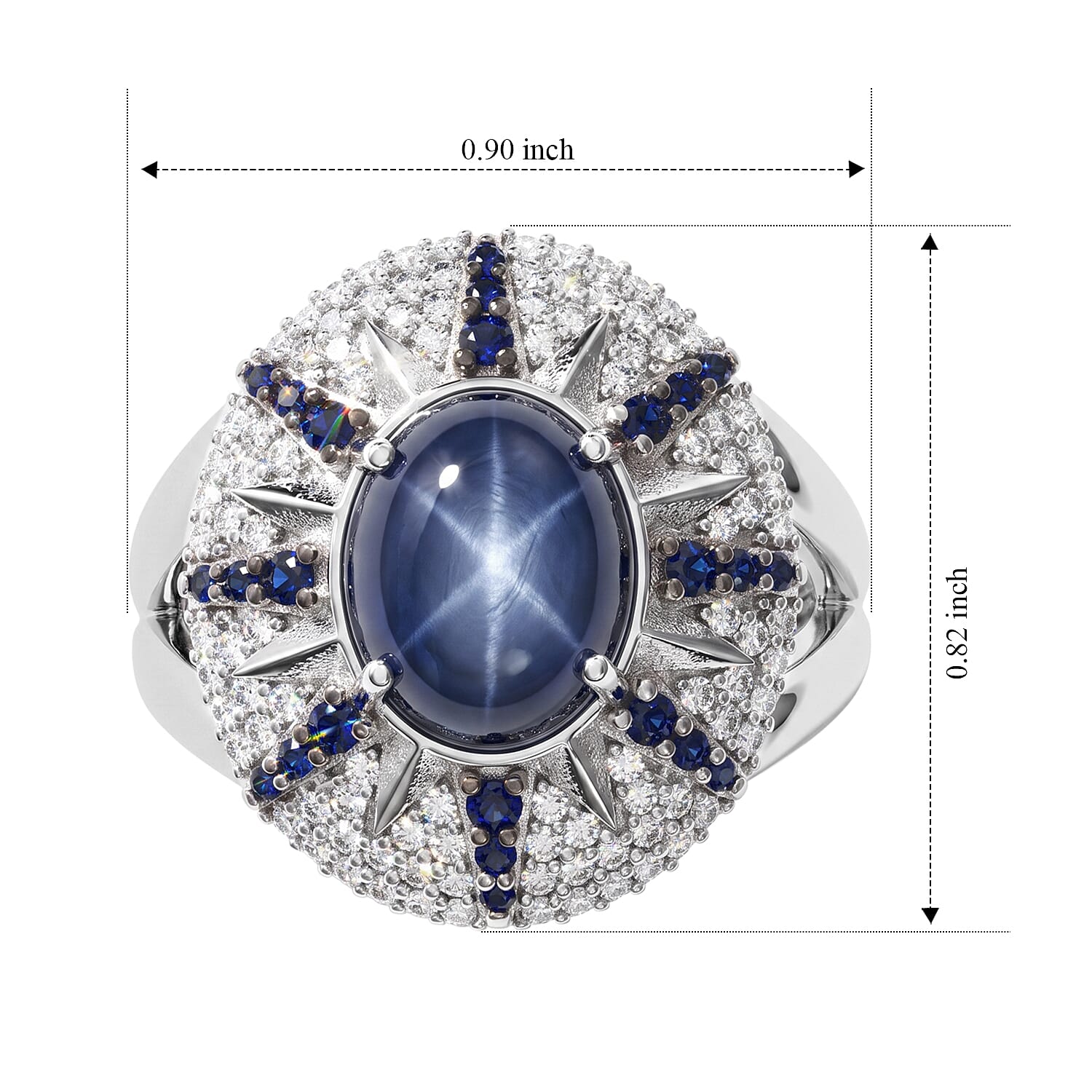 D'Joy Premium Blue Star Sapphire (DF) and Multi Gemstone 5.30 ctw Starburst Ring in Black Rhodium Sterling Silver (Size 5.0)