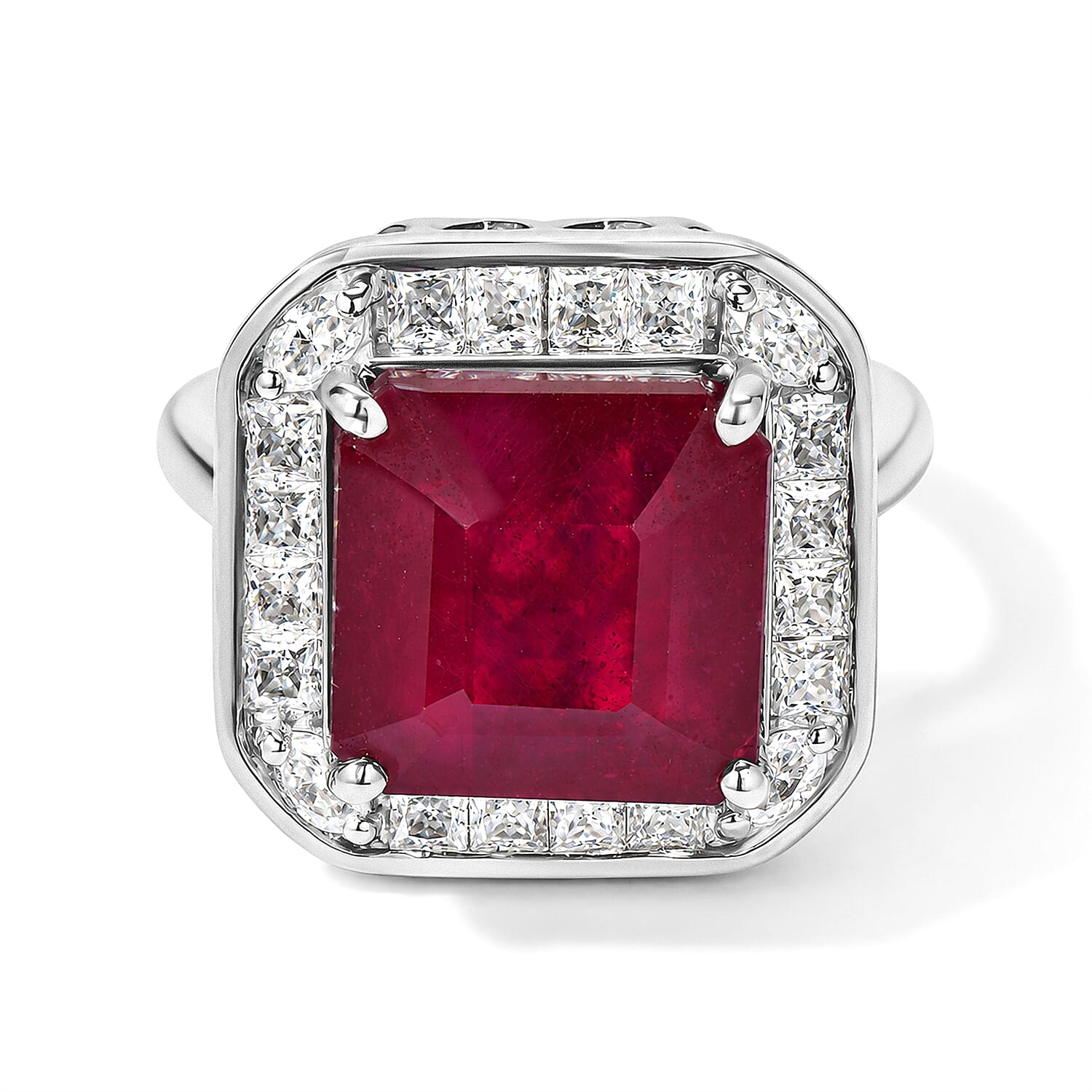 Certified and Appraised D''Joy Asscher Cut Premium Niassa Ruby (FF), Moissanite Ring in Rhodium Over Sterling Silver (Size 10.0) 10.00 ctw