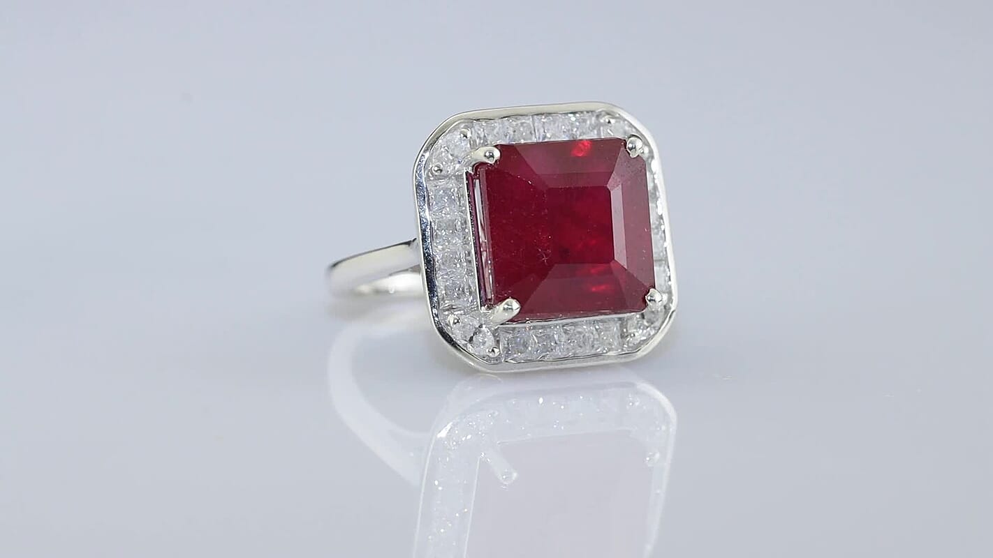 Certified and Appraised D''Joy Asscher Cut Premium Niassa Ruby (FF), Moissanite Ring in Rhodium Over Sterling Silver (Size 10.0) 10.00 ctw