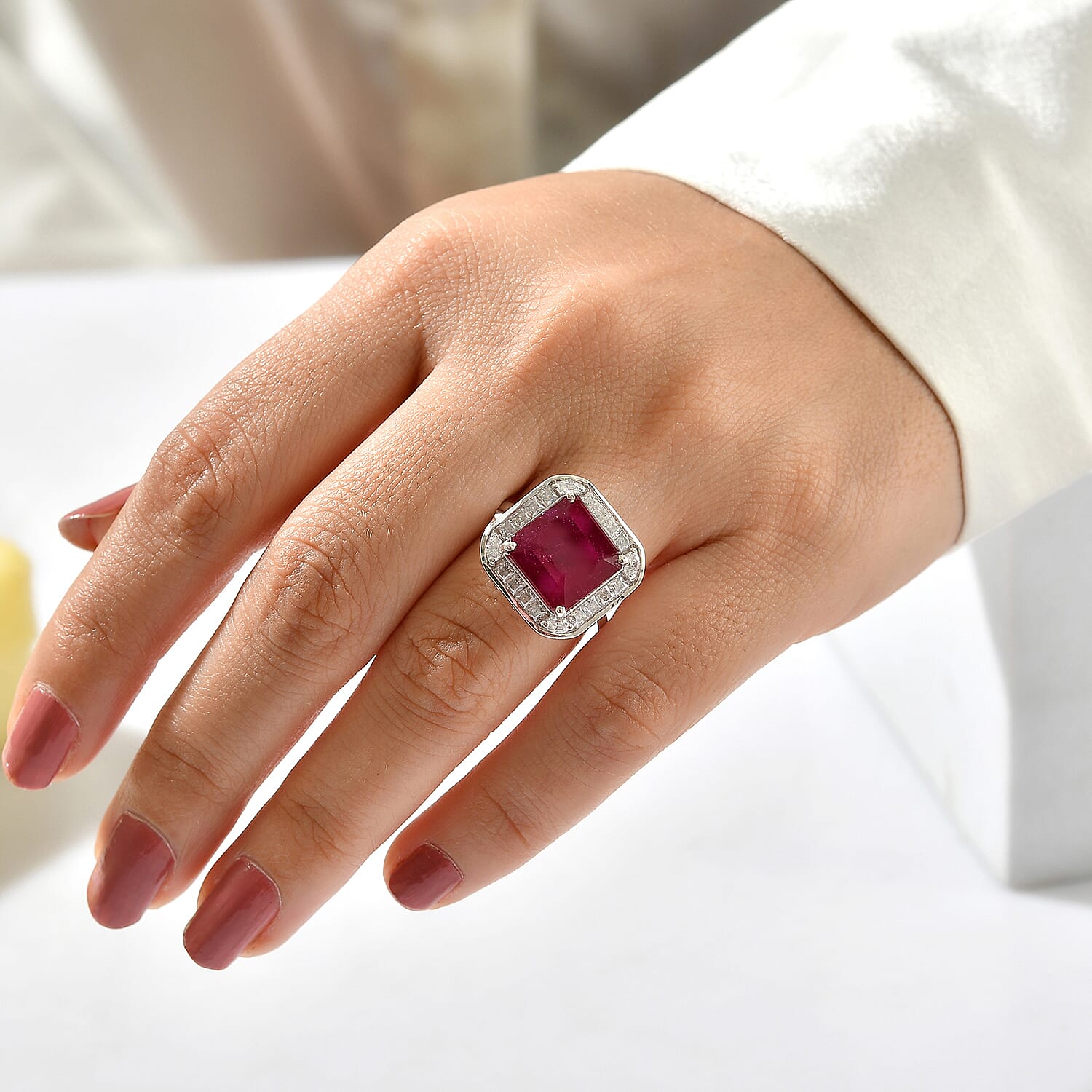 Certified and Appraised D'Joy Asscher Cut Premium Niassa Ruby (FF) and Moissanite 10.00 ctw Ring in Rhodium Over Sterling Silver (Size 6.0)