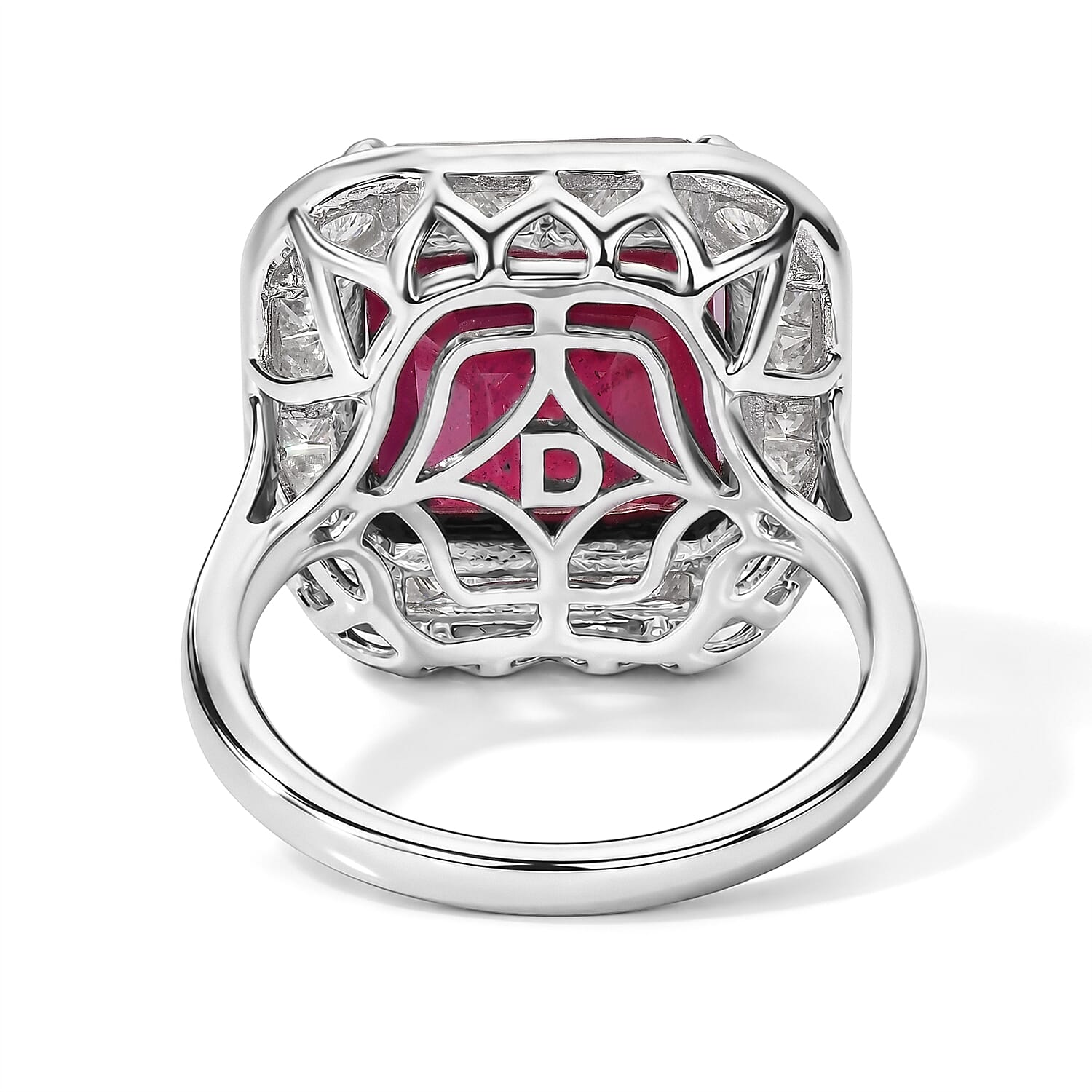 Certified and Appraised D'Joy Asscher Cut Premium Niassa Ruby (FF) and Moissanite 10.00 ctw Ring in Rhodium Over Sterling Silver (Size 6.0)