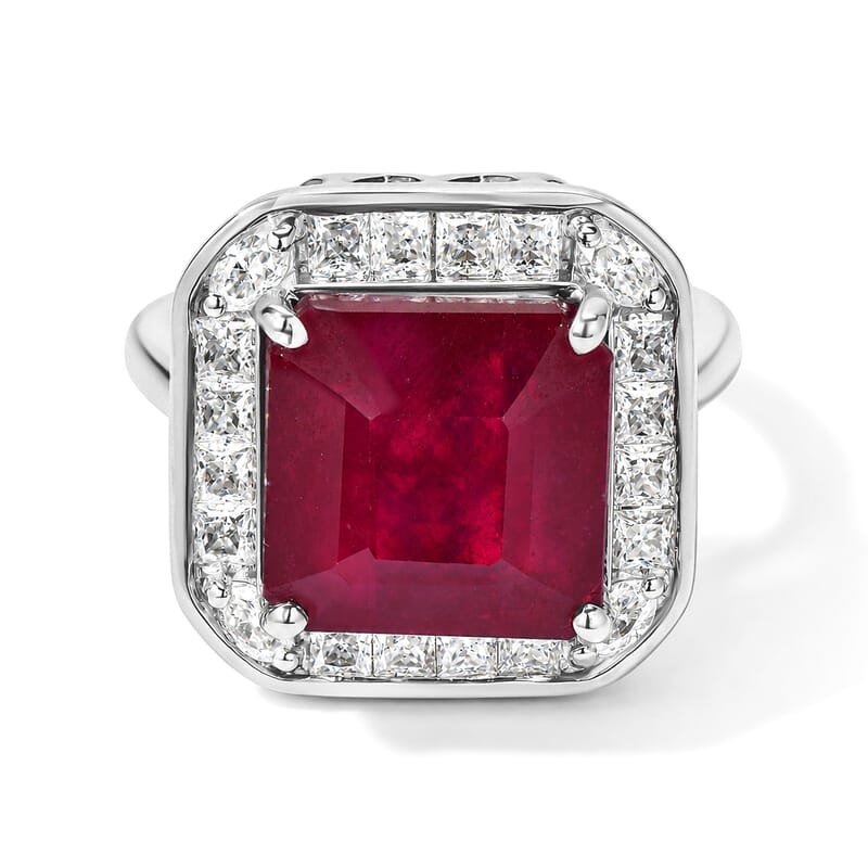 Certified and Appraised D'Joy Asscher Cut Premium Niassa Ruby (FF) and Moissanite 10.00 ctw Ring in Rhodium Over Sterling Silver (Size 7.0)