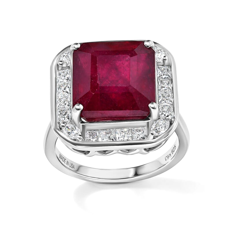Certified and Appraised D'Joy Asscher Cut Premium Niassa Ruby (FF) and Moissanite 10.00 ctw Ring in Rhodium Over Sterling Silver (Size 7.0)