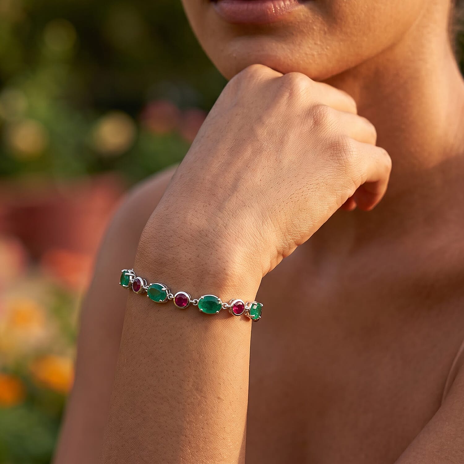 EverTrue Emeraldine Quartz (Triplet) and Lab Grown Ruby 16.30 ctw Bracelet in Platinum Bond (6.50 In)