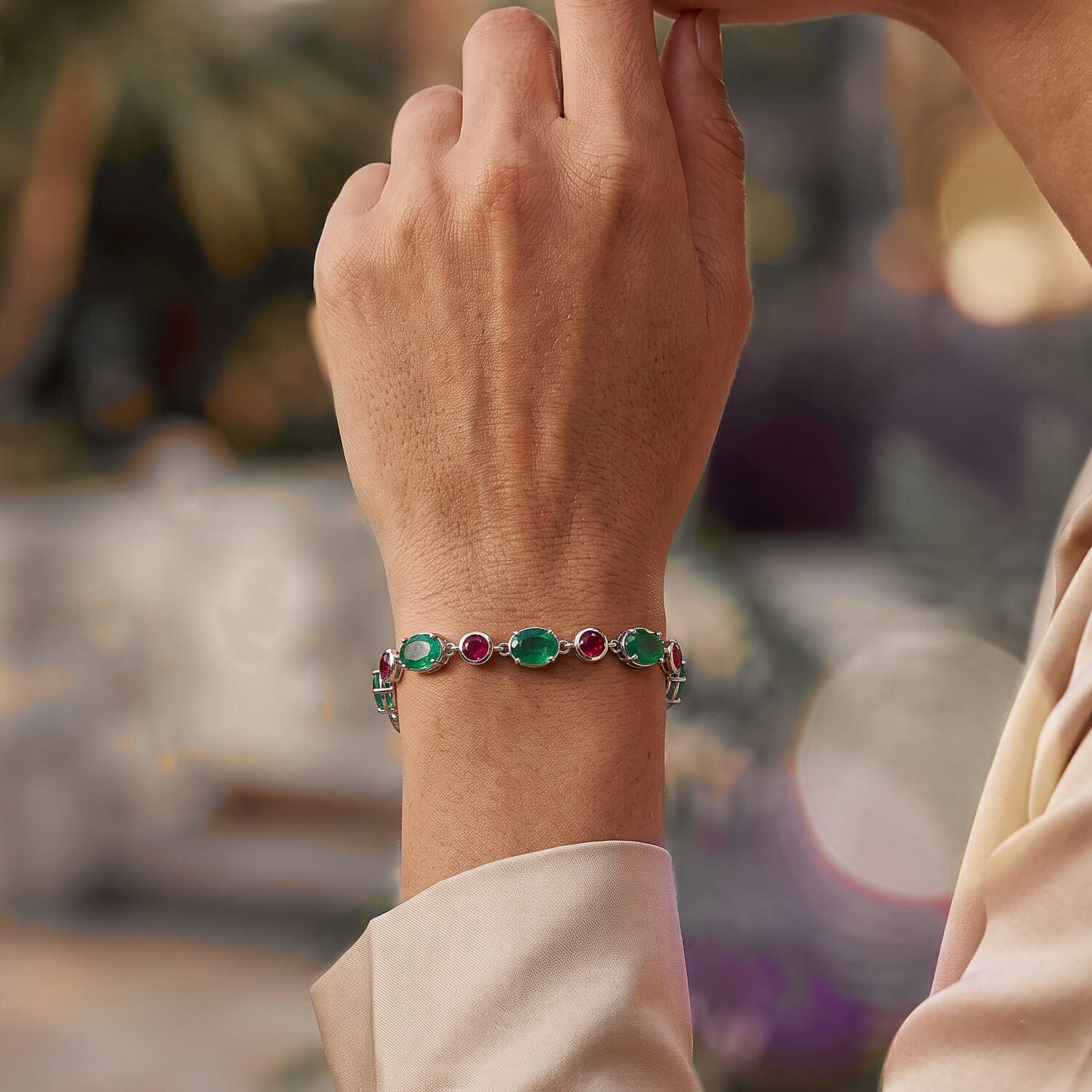 EverTrue Emeraldine Quartz (Triplet) and Lab Grown Ruby 16.30 ctw Bracelet in Platinum Bond (6.50 In)