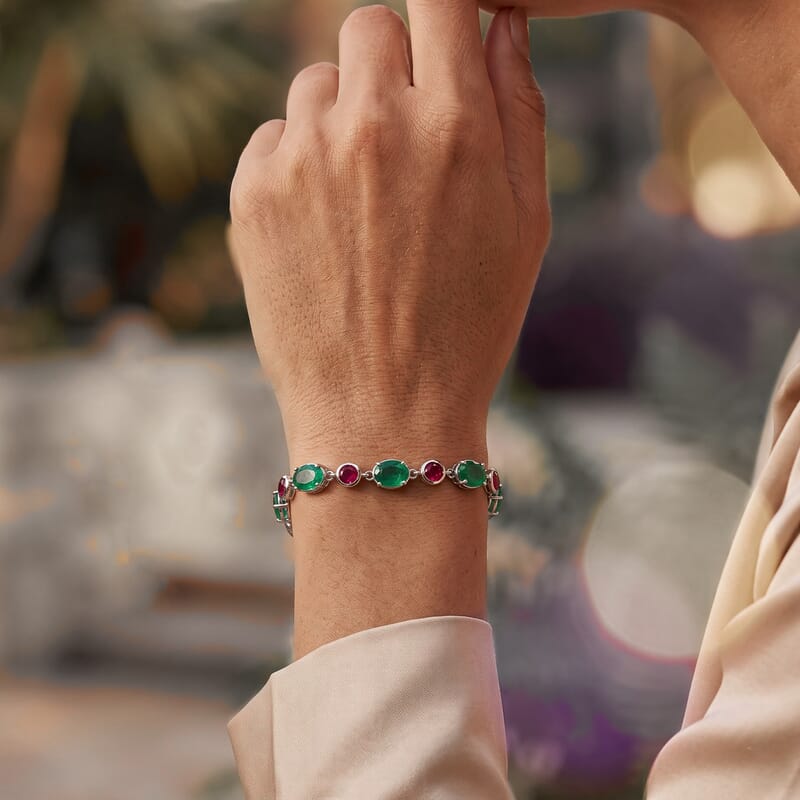 EverTrue Emeraldine Quartz (Triplet) and Lab Grown Ruby 16.30 ctw Bracelet in Platinum Bond (6.50 In)