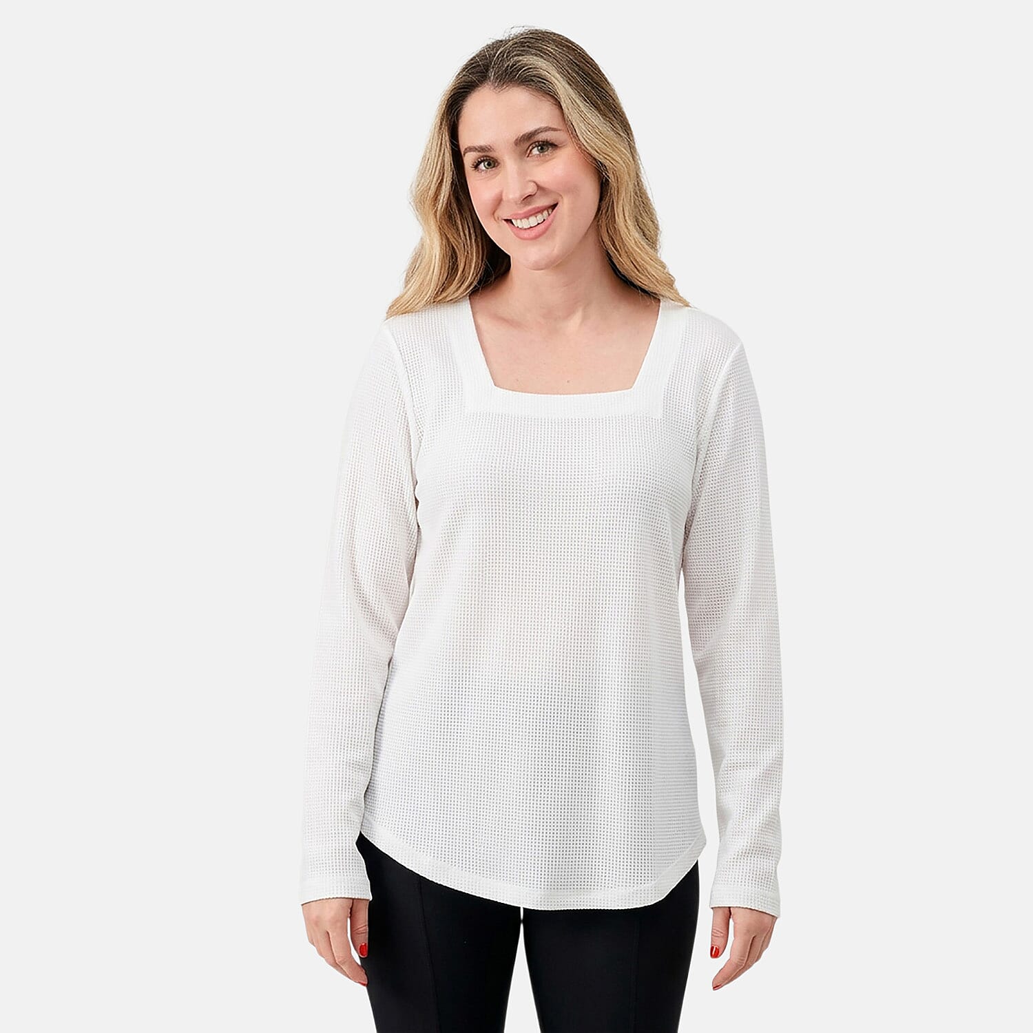 Susan Graver White Square Neck Waffle Knit Top-XL