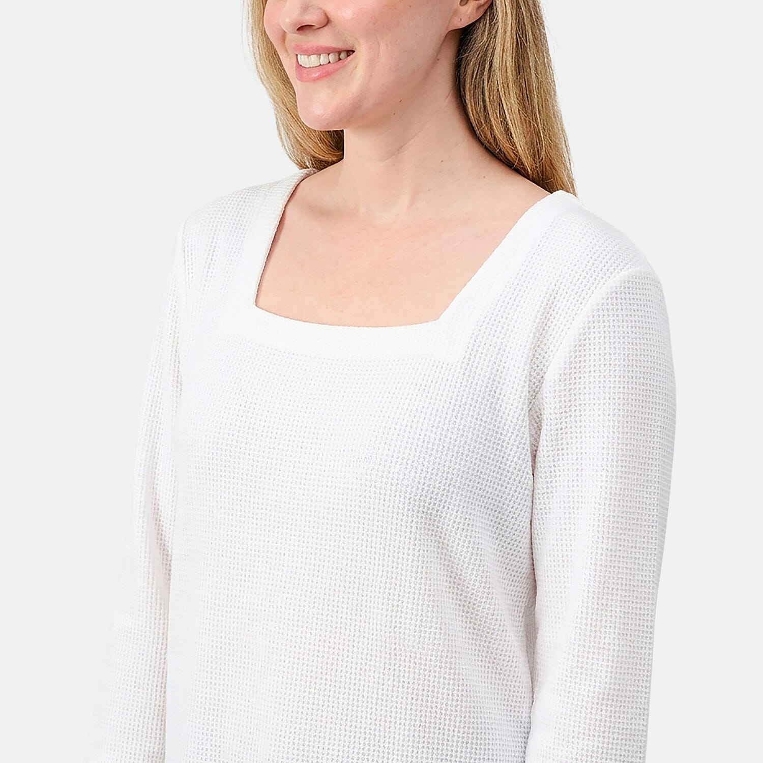 Susan Graver White Square Neck Waffle Knit Top-XL