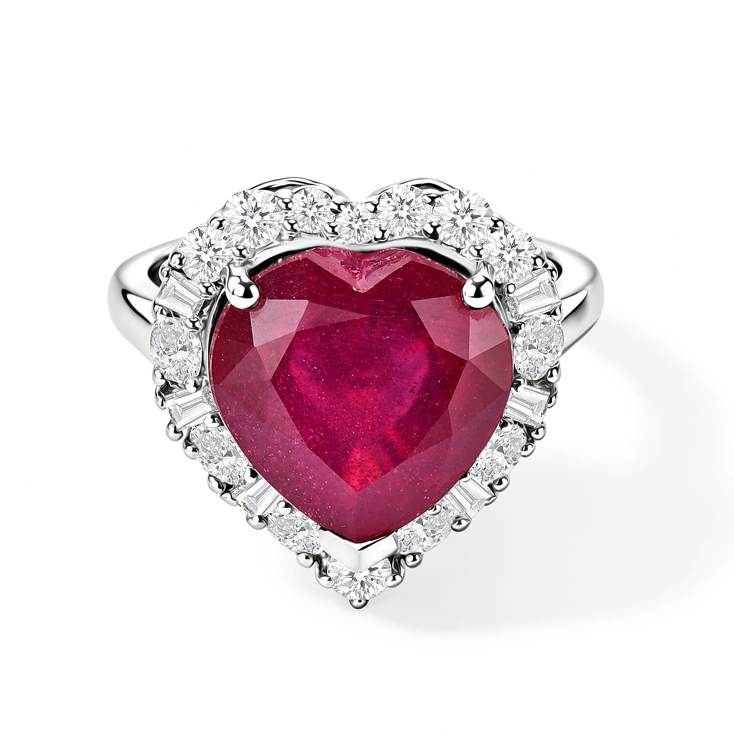 Certified and Appraised D''Joy Premium Niassa Ruby (FF), Moissanite Heart Ring in Rhodium Over Sterling Silver (Size 10.0) 9.15 ctw