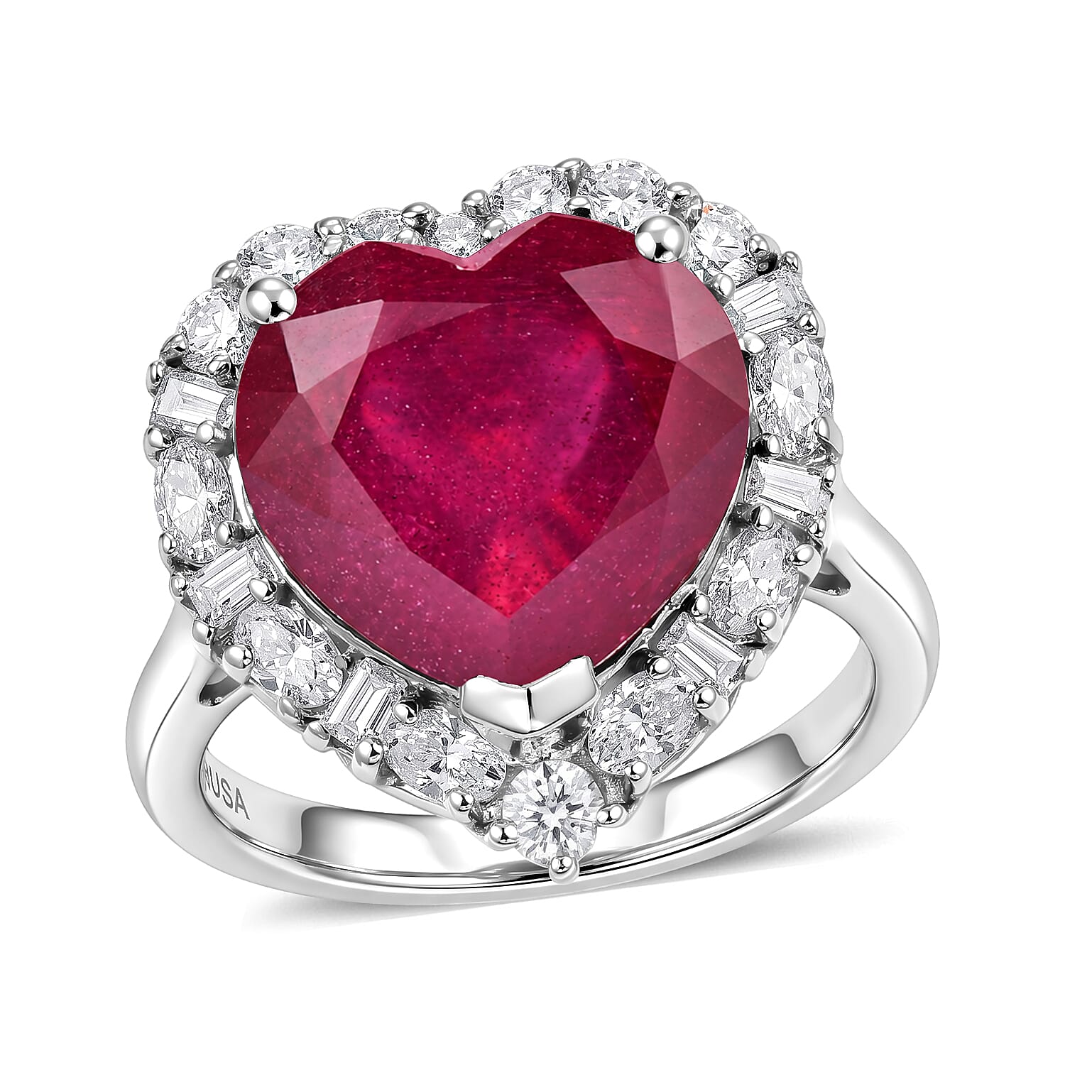 Certified and Appraised D'Joy Premium Niassa Ruby (FF) and Moissanite 9.15 ctw Heart Ring in Rhodium Over Sterling Silver (Size 6.0)