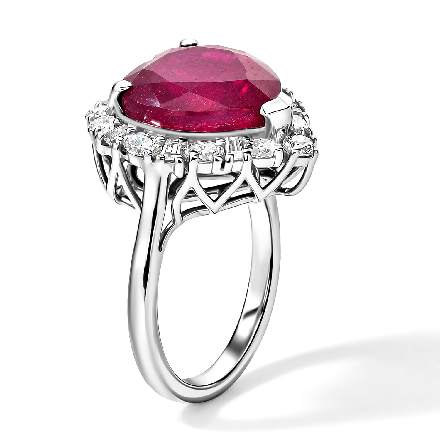 Certified and Appraised D'Joy Premium Niassa Ruby (FF) and Moissanite 9.15 ctw Heart Ring in Rhodium Over Sterling Silver (Size 6.0)