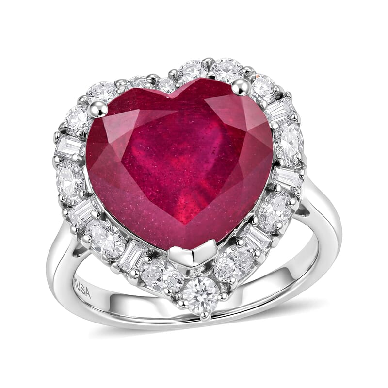 Certified and Appraised D'Joy Premium Niassa Ruby (FF) and Moissanite 9.15 ctw Heart Ring in Rhodium Over Sterling Silver (Size 7.0)