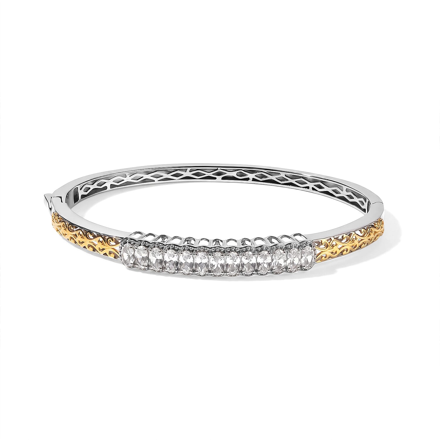 EverTrue Lab Created White Sapphire 4.40 ctw Bangle Bracelet in 18K YG Plated and Platinum Bond (7.25 In)