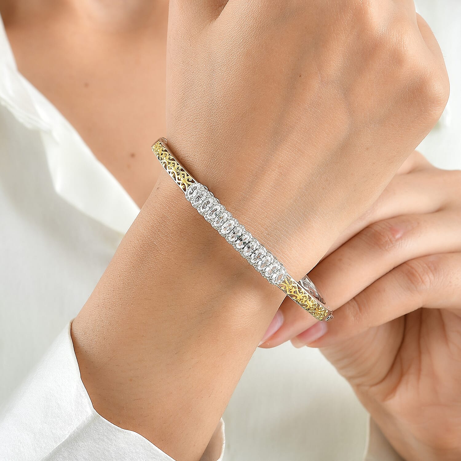 EverTrue Lab Created White Sapphire 4.00 ctw Spectrum Harmony Two Tone Bangle Bracelet in 18K YG Plated and Platinum Bond (6.50 In)