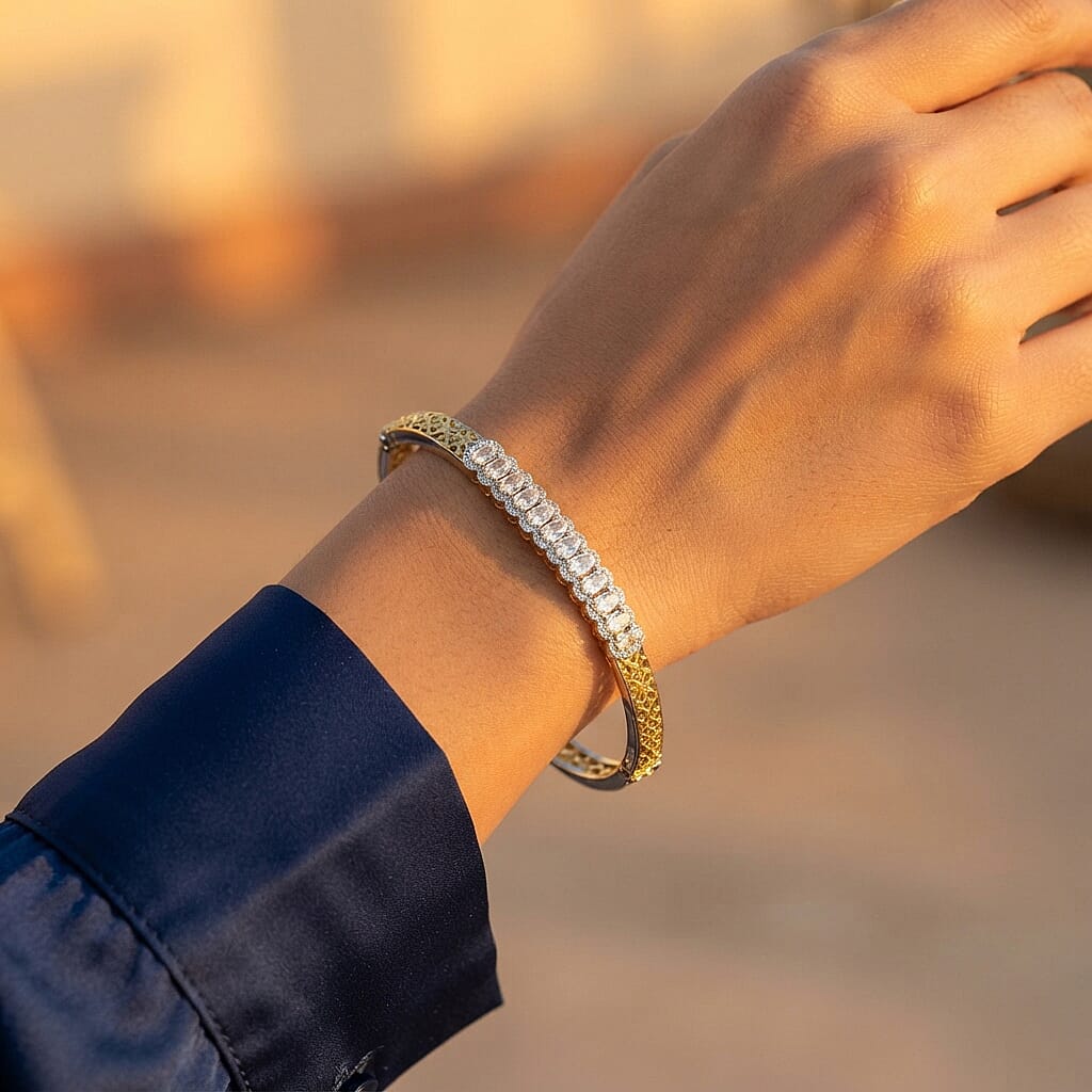 EverTrue Lab Created White Sapphire 4.00 ctw Spectrum Harmony Two Tone Bangle Bracelet in 18K YG Plated and Platinum Bond (6.50 In)