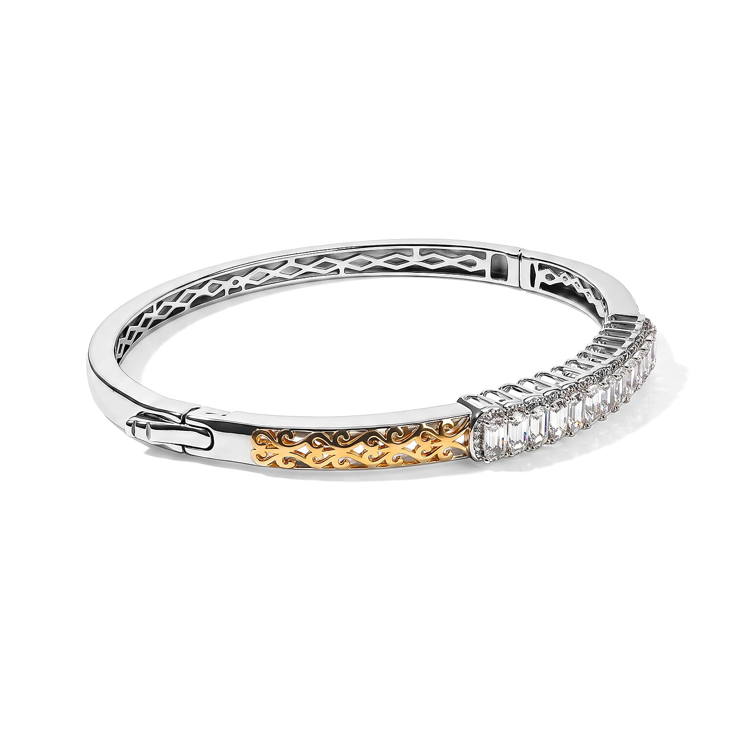 EverTrue Lab Created White Sapphire 3.15 ctw Spectrum Harmony Two Tone Bangle Bracelet in 18K YG Plated and Platinum Bond (6.50 In)