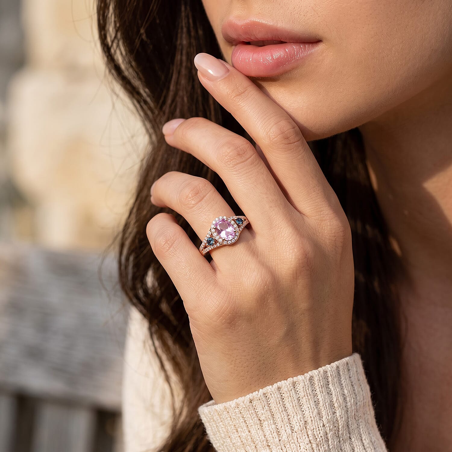 Premium Martha Rocha Kunzite, Luxuriant Lab Grown Blue Diamond (IR) and Lab Grown Diamond SI 1.50 ctw Ring in Vermeil Rose Gold Over Sterling Silver (Size 6.0)