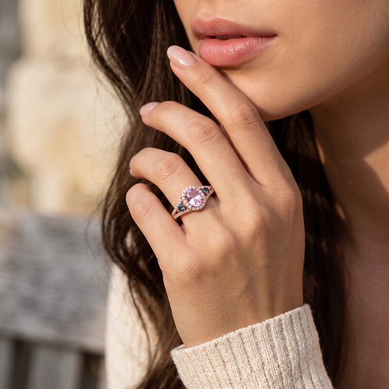 Premium Martha Rocha Kunzite, Luxuriant Lab Grown Blue Diamond (IR) and Lab Grown Diamond SI 1.50 ctw Ring in Vermeil Rose Gold Over Sterling Silver (Size 6.0)