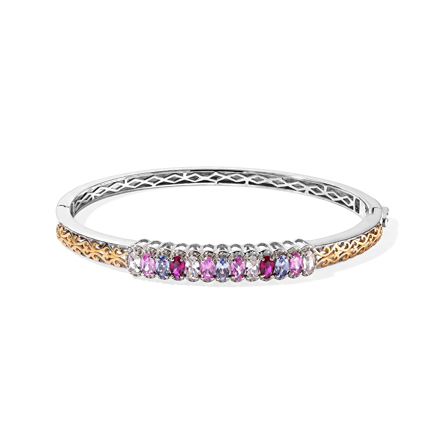 EverTrue Lab Grown Multi Sapphire 4.15 ctw Spectrum Harmony Two Tone Bangle Bracelet in 18K YG Plated and Platinum Bond (7.25 in)