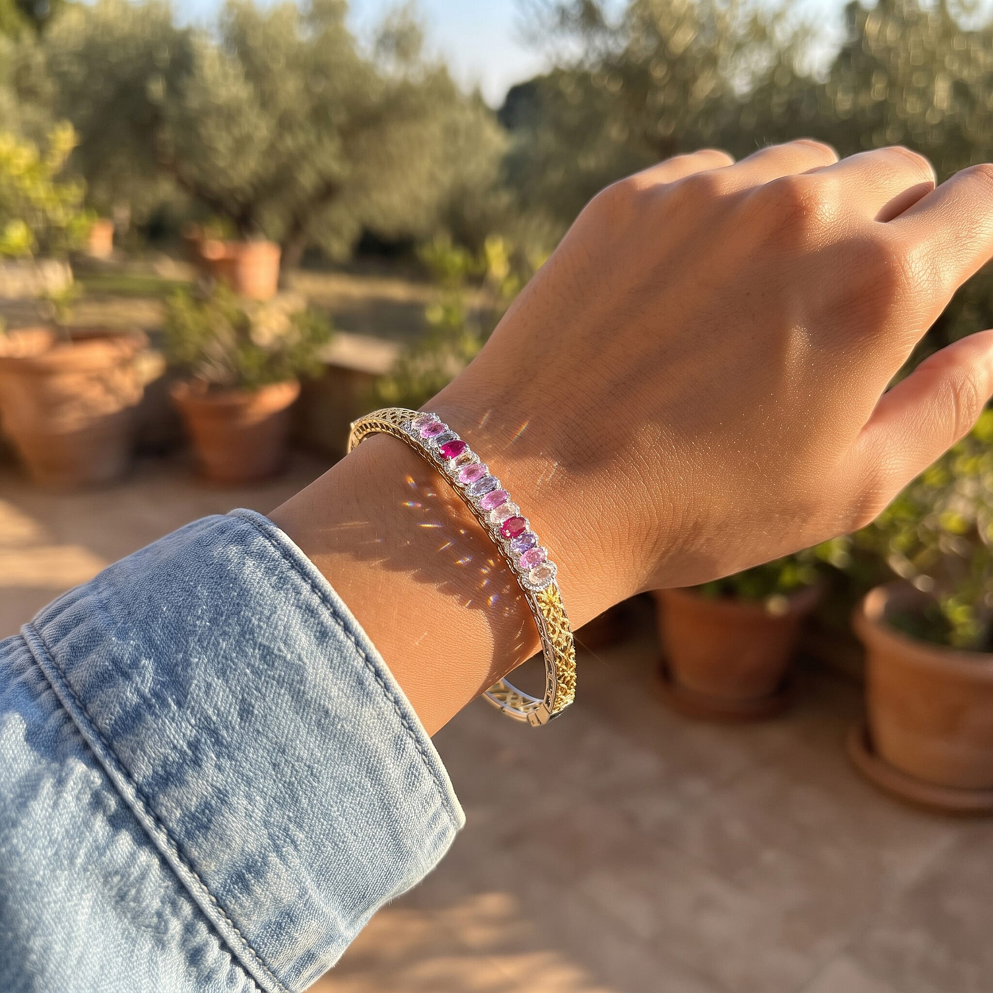 EverTrue Lab Grown Multi Sapphire 4.15 ctw Spectrum Harmony Two Tone Bangle Bracelet in 18K YG Plated and Platinum Bond (7.25 in)