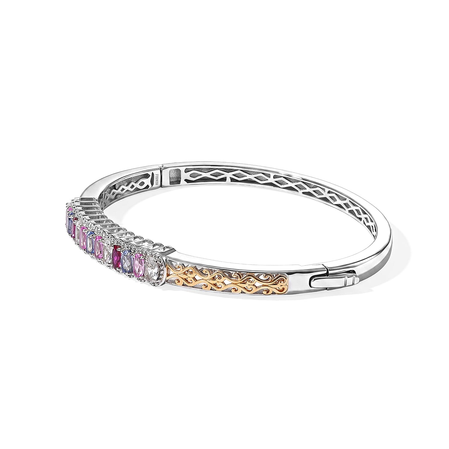 EverTrue Lab Grown Multi Sapphire 4.15 ctw Spectrum Harmony Two Tone Bangle Bracelet in 18K YG Plated and Platinum Bond (7.25 in)