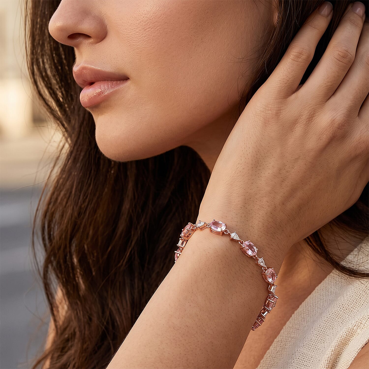 D'Joy Premium Martha Rocha Kunzite and Moissanite 8.35 ctw Bracelet in Vermeil Rose Gold Over Sterling Silver (6.50 In)