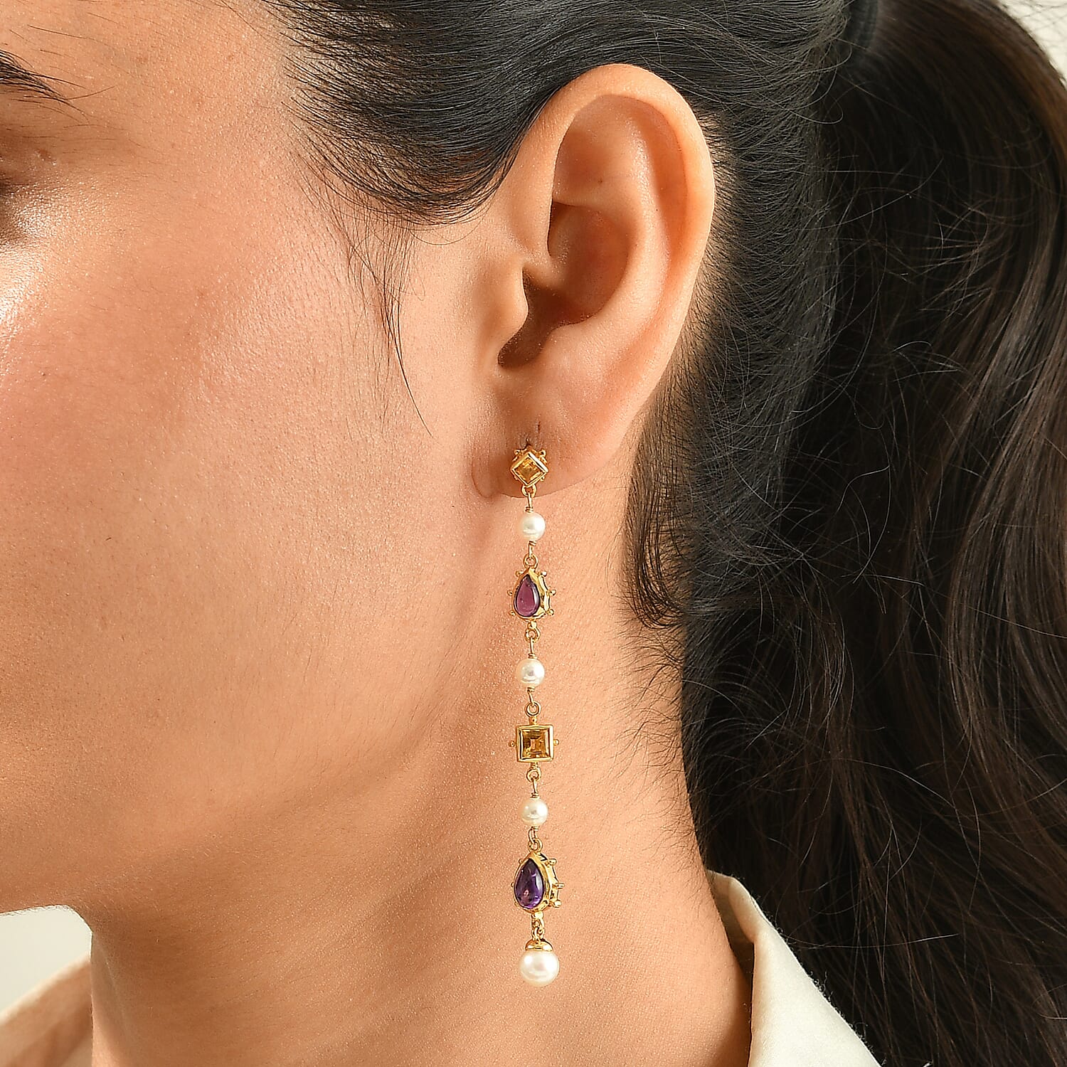 D'Joy Passport to Turkey Premium African Amethyst and Multi Gemstone 4.30 ctw Dangling Earrings in 18K Vermeil Yellow Gold Over Sterling Silver