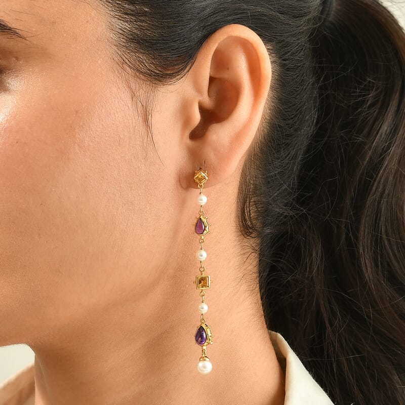 D'Joy Passport to Turkey Premium African Amethyst and Multi Gemstone 4.30 ctw Dangling Earrings in 18K Vermeil Yellow Gold Over Sterling Silver