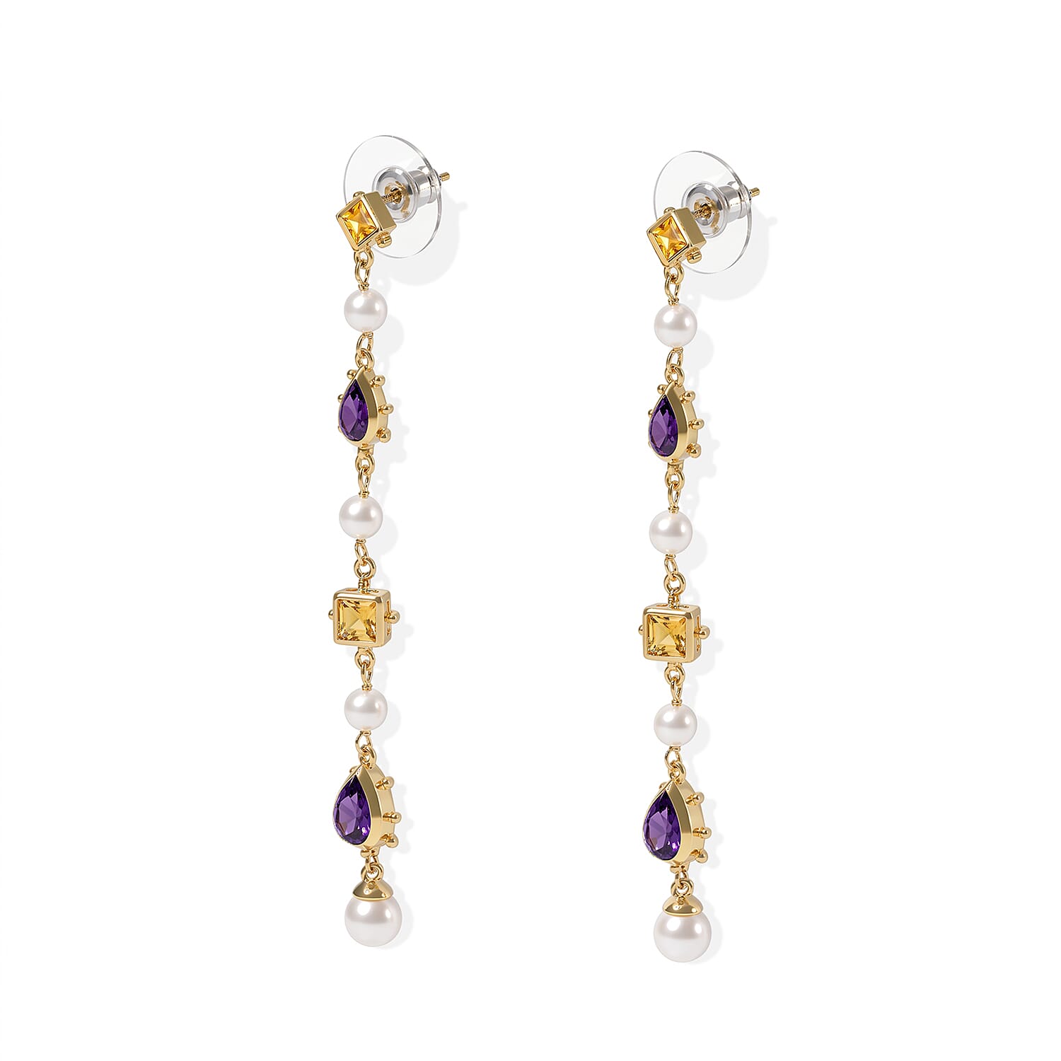 D'Joy Passport to Turkey Premium African Amethyst and Multi Gemstone 4.30 ctw Dangling Earrings in 18K Vermeil Yellow Gold Over Sterling Silver