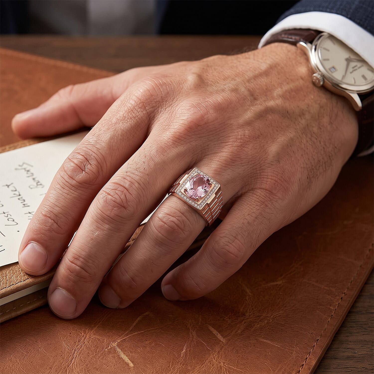 D'Joy Premium Martha Rocha Kunzite and Moissanite 5.25 ctw Men's Ring in Vermeil Rose Gold Over Sterling Silver (Size 10.0)