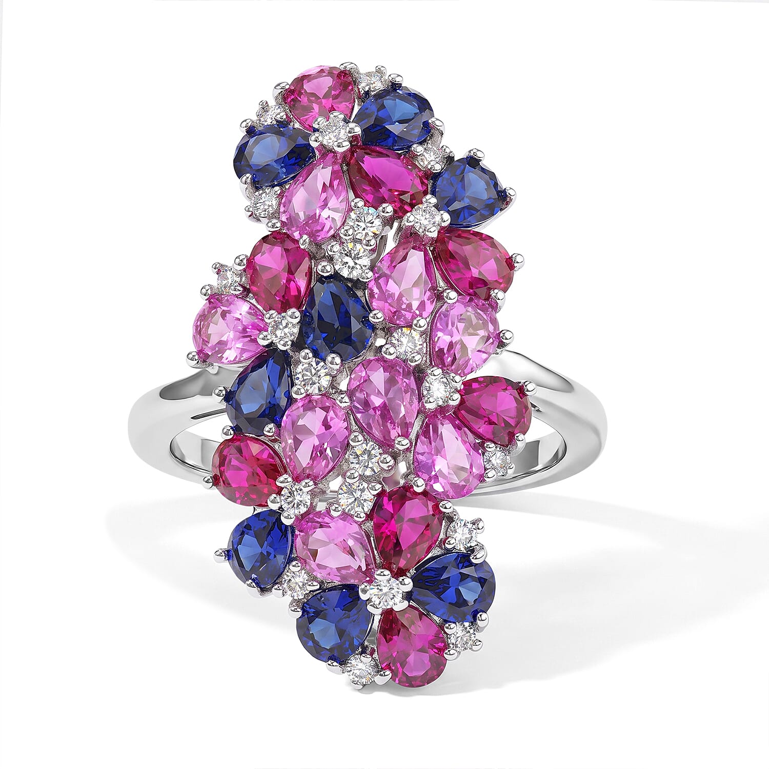 EverTrue Lab Created Multi Sapphire and White Zircon 4.50 ctw Prismatic Bloom Ring in Platinum Bond (Size 5.0)