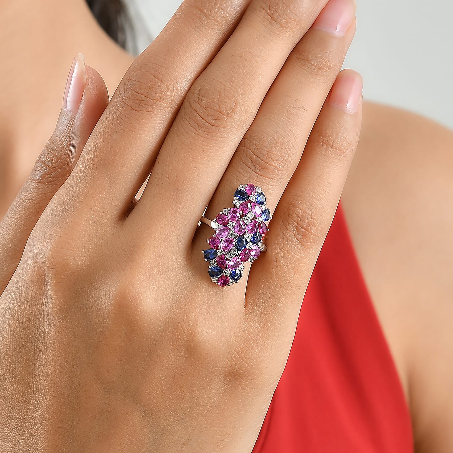 EverTrue Lab Created Multi Sapphire and White Zircon 4.50 ctw Prismatic Bloom Ring in Platinum Bond (Size 5.0)