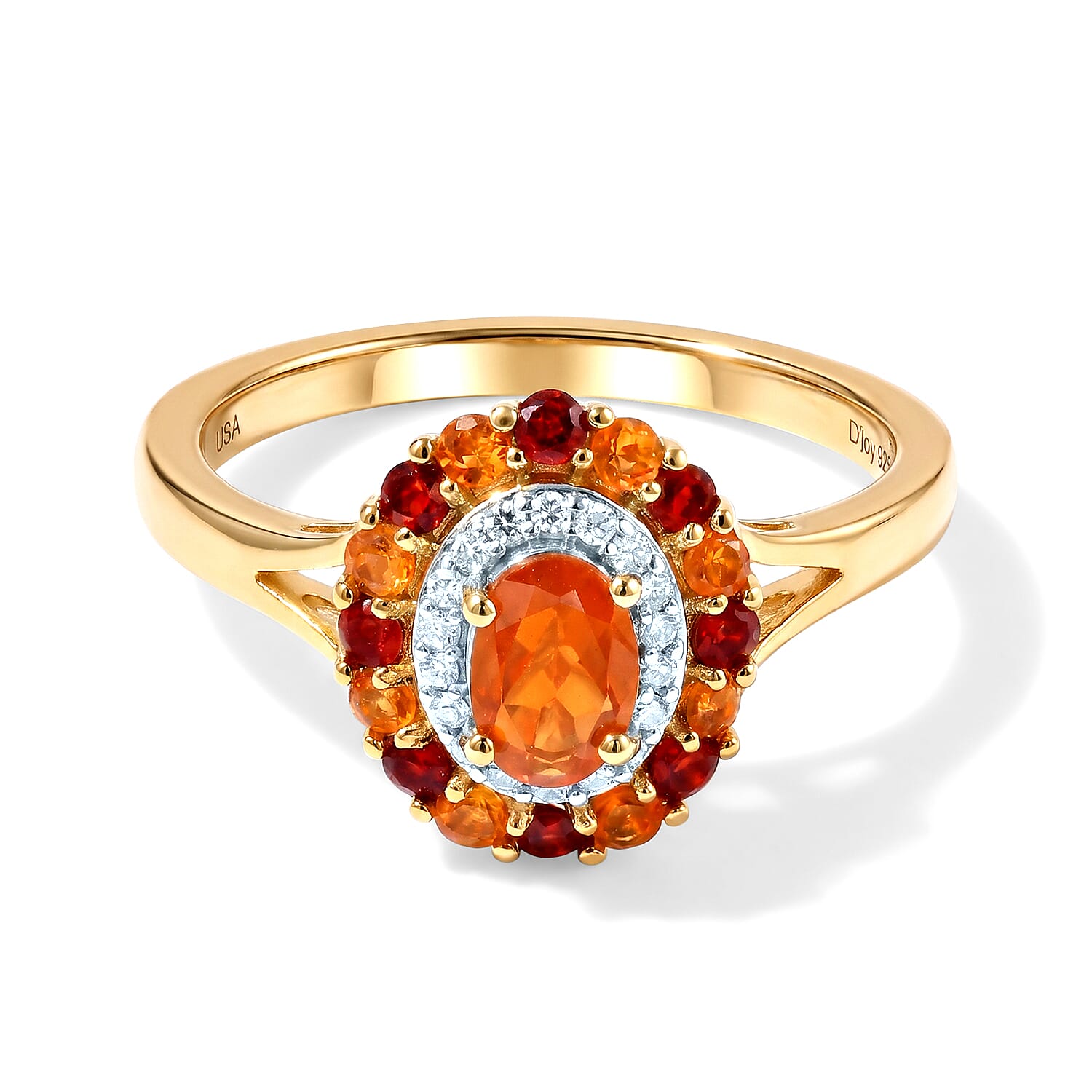 D'Joy AAA Crimson Fire Opal and Multi Gemstone 0.60 ctw Firelight Solar Flare Ring in 18K Vermeil Yellow Gold Over Sterling Silver (Size 5.0)