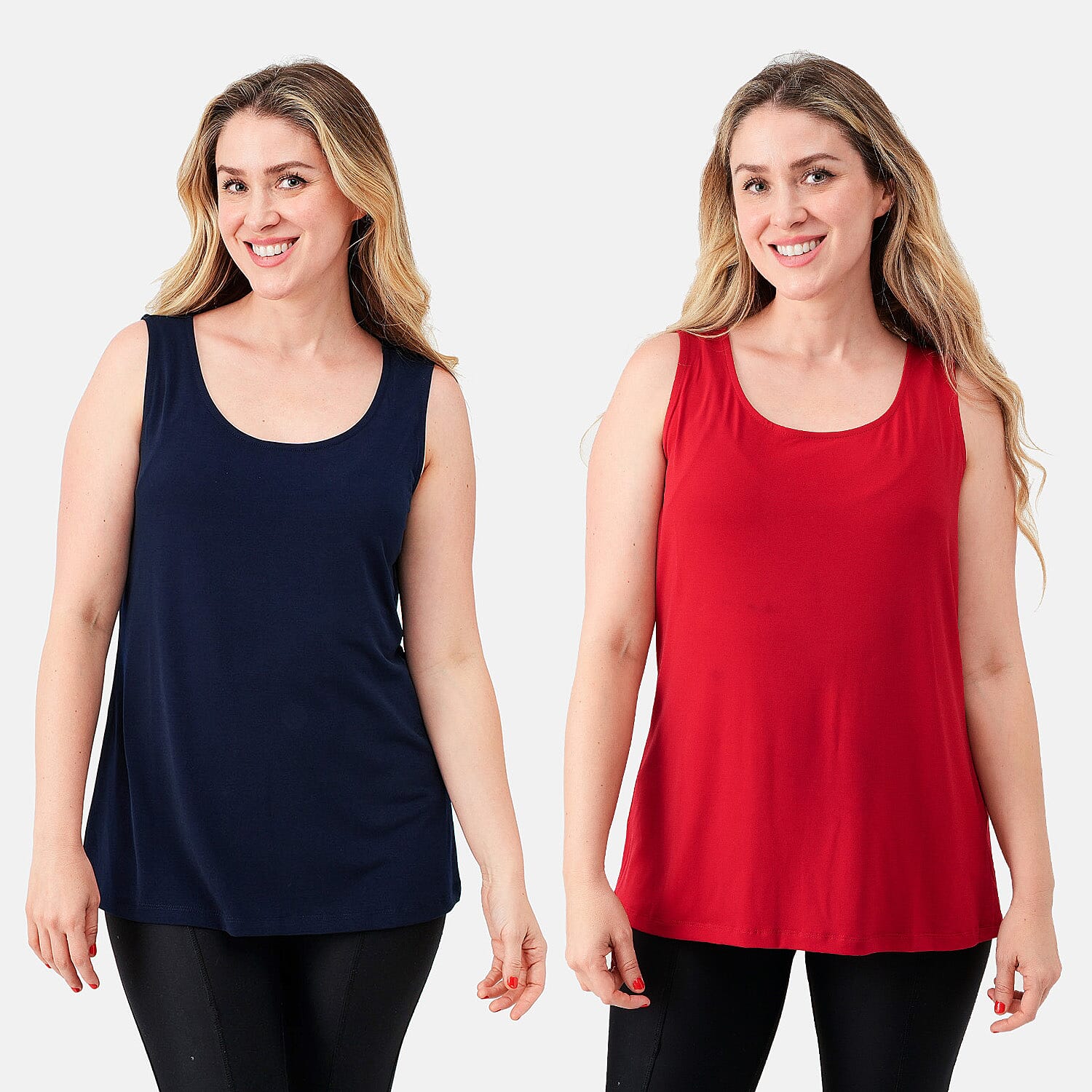Susan Graver Navy and Scarlet Red Set Of 2 Modern Essentials Liquid Knit Tanks - M