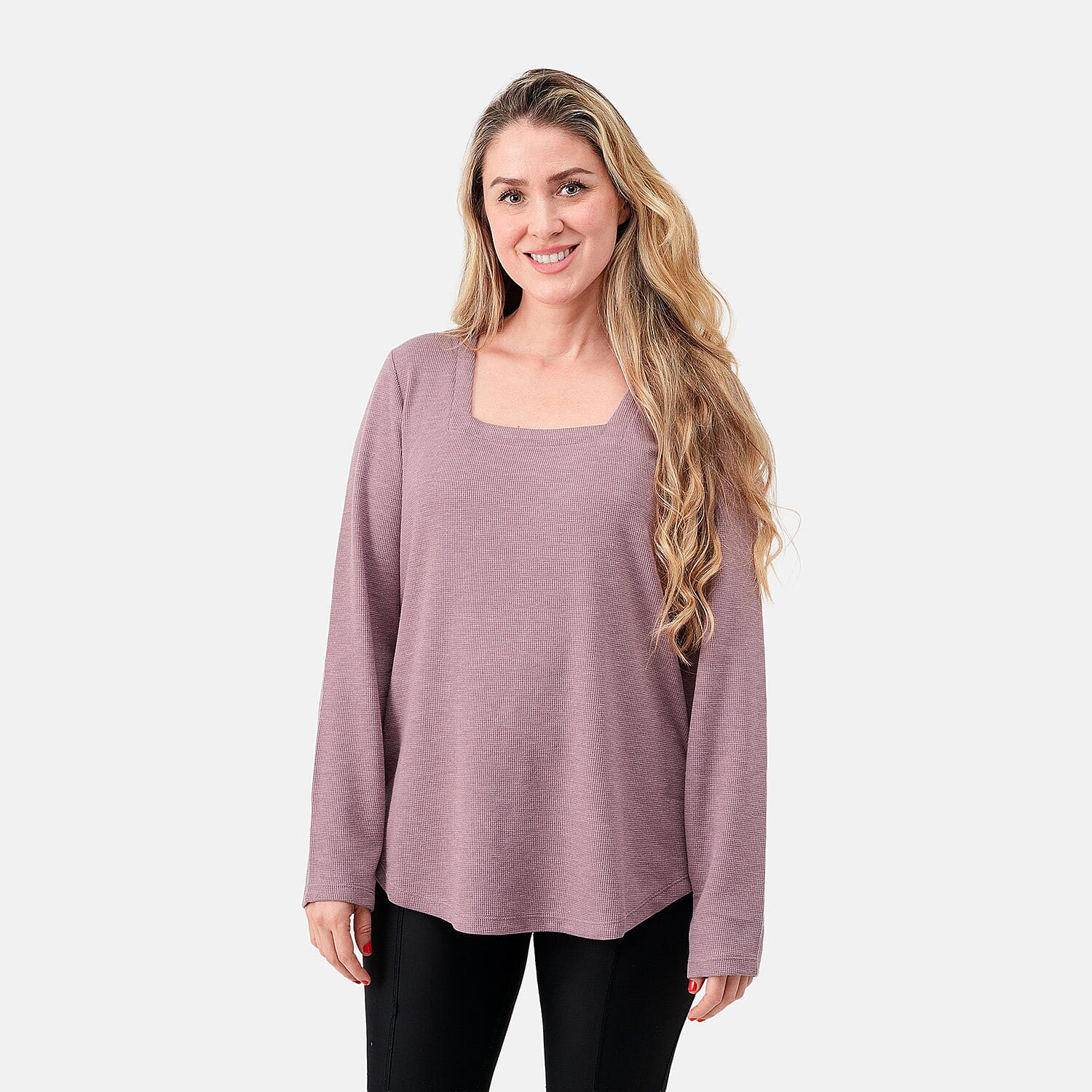 Susan Graver Mauve Square Neck Waffle Knit Top Dusty -S