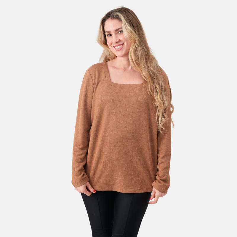 Susan Graver Light Honey Square Neck Waffle Knit Top -S