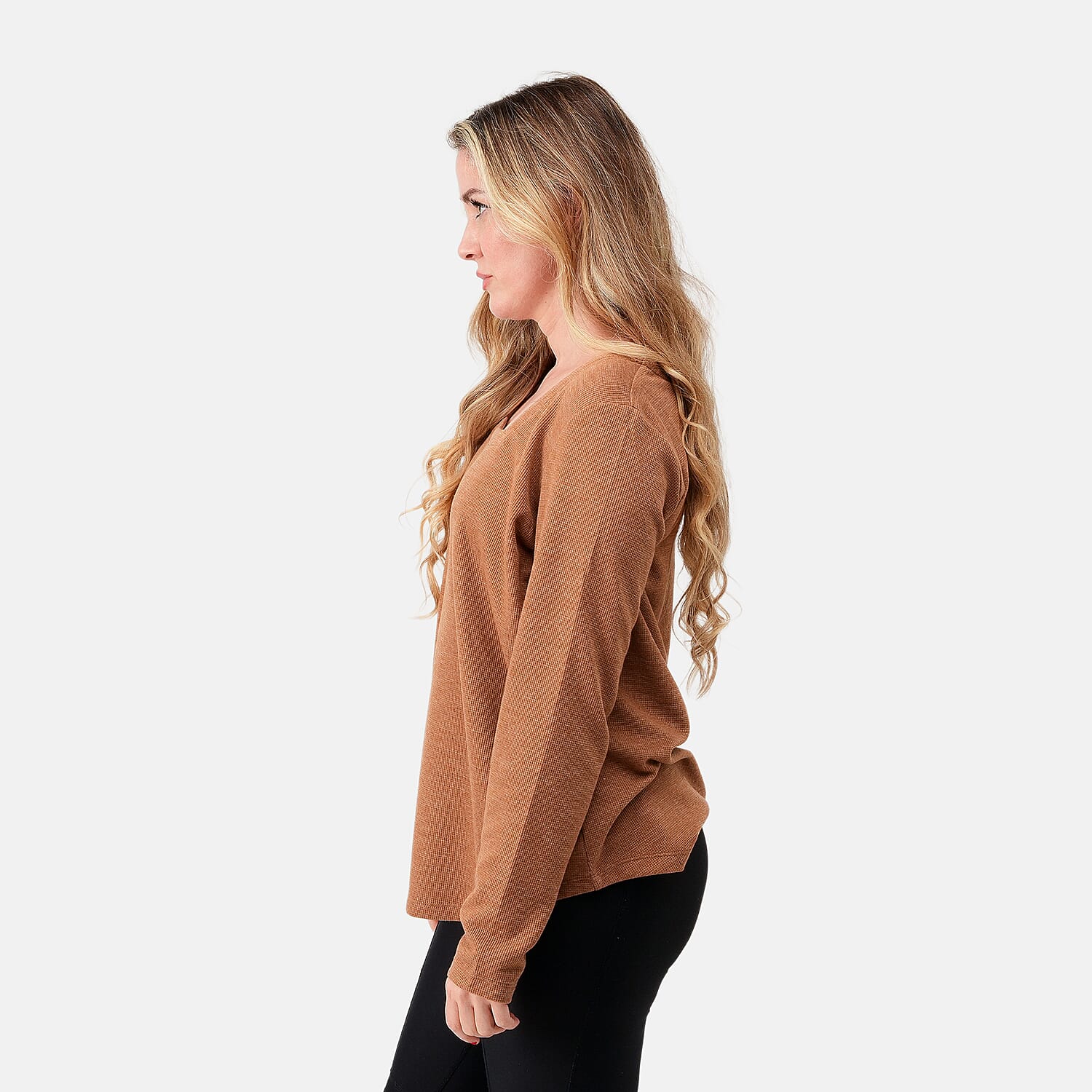 Susan Graver Light Honey Square Neck Waffle Knit Top -S
