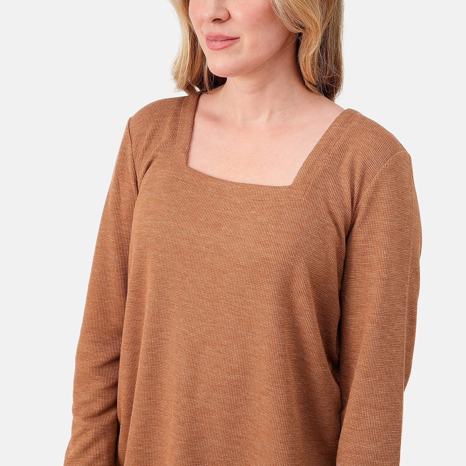 Susan Graver Light Honey Square Neck Waffle Knit Top -S