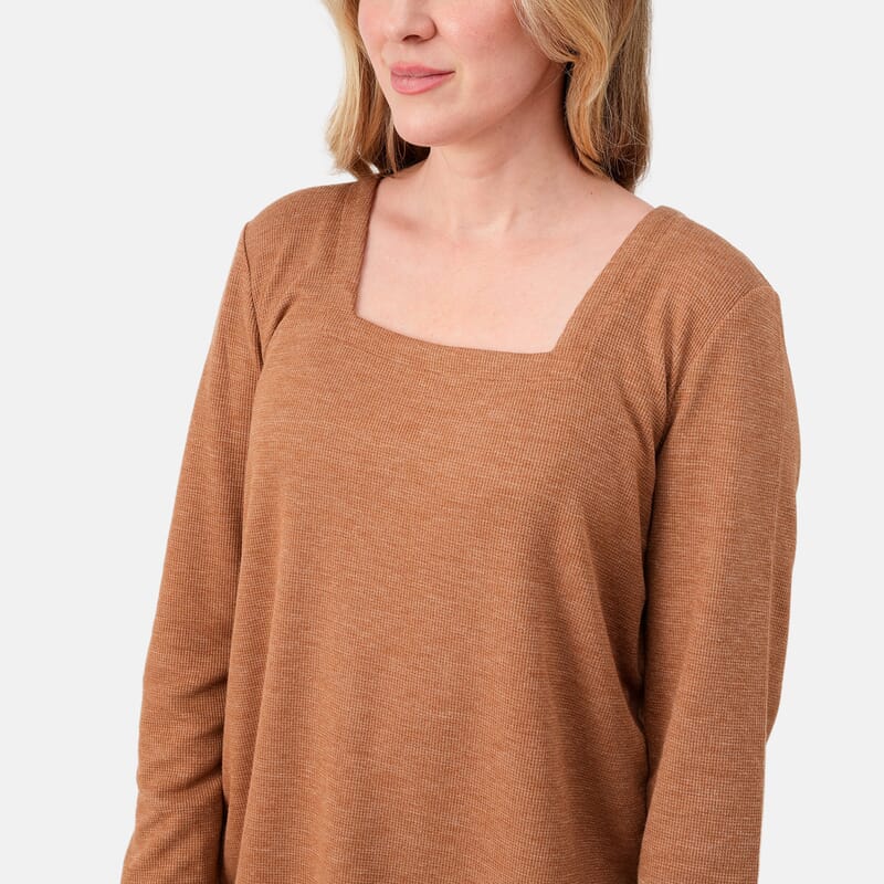 Susan Graver Light Honey Square Neck Waffle Knit Top -S
